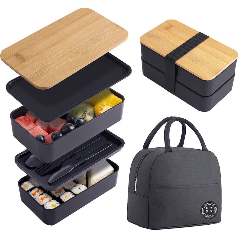 Екі қабатты бамбук қақпағы Bento түскі ас қорабы