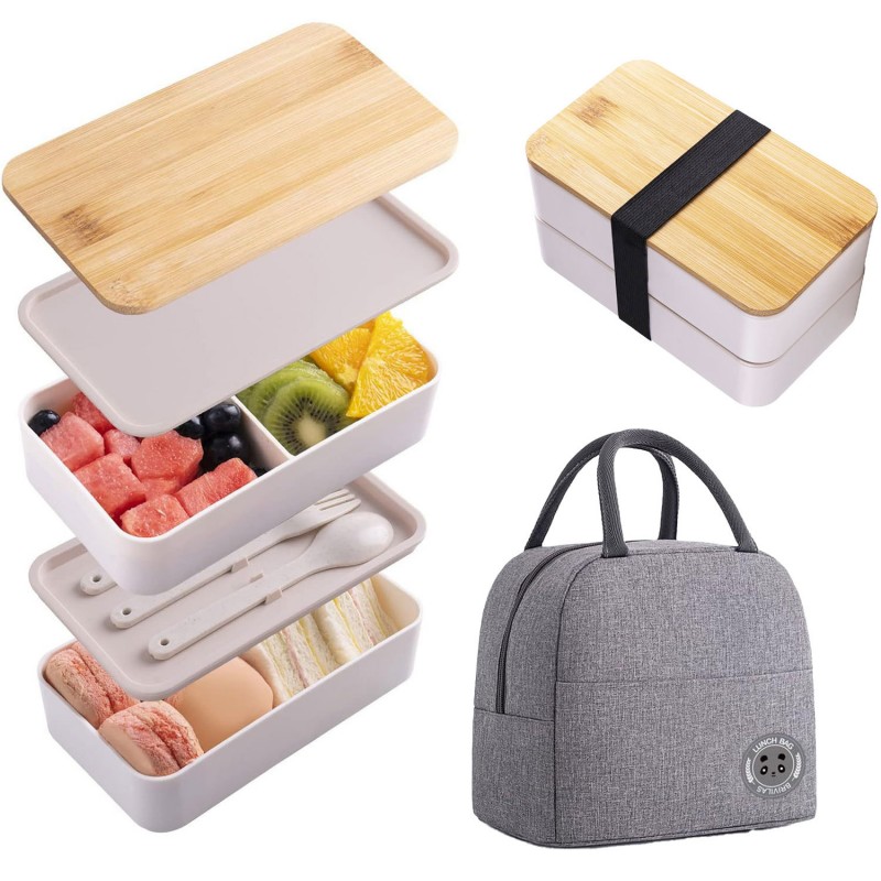 Екі қабатты бамбук қақпағы Bento түскі ас қорабы